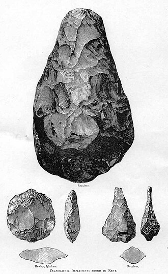 Acheulean hand-axes from Kent. The types shown are (clockwise from top) cordate, ficron, and ovate.[citation needed]