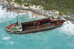 Three years later, the MV Jireh remained grounded on a beach of Mona Island, Puerto Rico as a result of Tropical Storm Isaac (2012)