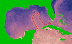 The Loop Current flows northward between Cuba and the Yucatán Peninsula.