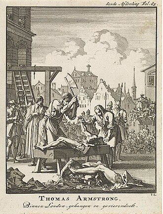 Engraving depicting the execution of Sir Thomas Armstrong in 1684 for complicity in the Rye House Plot; he was hanged, drawn and quartered.