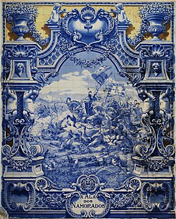 Panel of glazed tiles by Jorge Colaço (1922) depicting an episode from the battle of Aljubarrota (1385) between the Portuguese and Castilian armies. A piece of public art in Lisbon, Portugal.