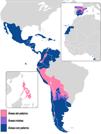 Regions with the merger (yeísmo) in blue, regions with distinction in pink, mixed regions in purple[image reference needed]