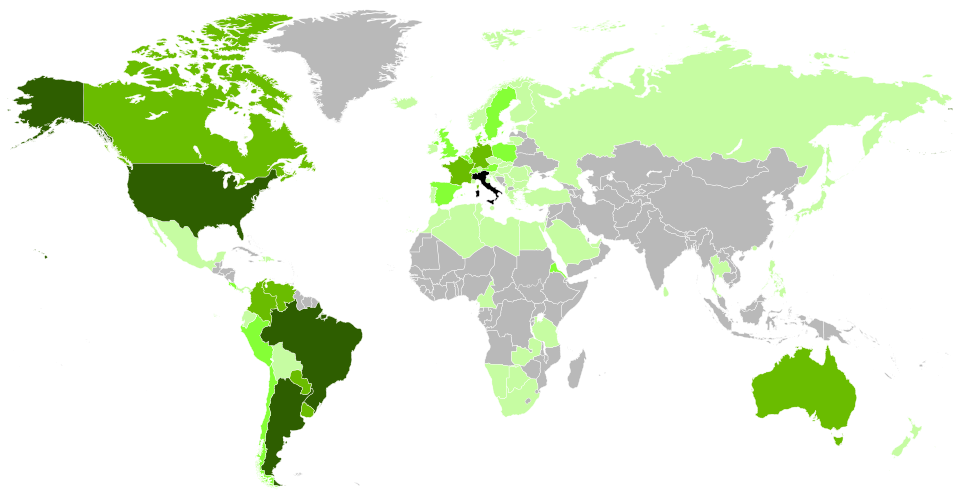 Italian diaspora worldwide Italy + 10,000,000 + 1,000,000 + 100,000 + 10,000