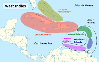 Island groups comprising the West Indies in the Caribbean