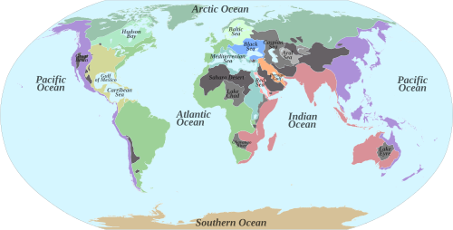 The drainage basins of the principal oceans and seas of the world are marked by continental divides. The grey areas are endorheic basins that do not drain to the ocean.