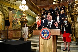 Polis speaks before signing HB 20-1326, which reduced the time and cost of obtaining certain state professional licenses