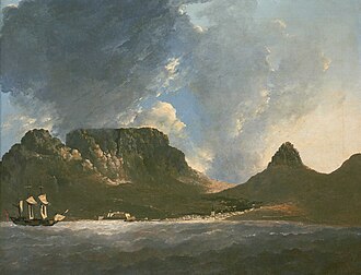 An 18th-century painting of a ship with Table Mountain in the background, used by navigators as the landmark to sail around southern tip of Africa.