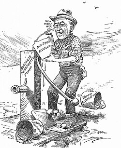 A 1913 Clifford K. Berryman cartoon with Wilson addressing the economy by pumping it full of tariff, currency, and antitrust laws