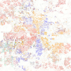Map of ethnic distribution in Houston, 2010 U.S. census. Each dot is 25 people: ⬤ White ⬤ Black ⬤ Asian ⬤ Hispanic ⬤ Other