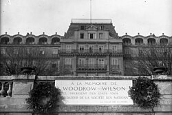In 1924, the headquarters of the League in Geneva (formerly Hôtel National) was named "Palais Wilson" after Woodrow Wilson, credited as the "Founder of the League of Nations"