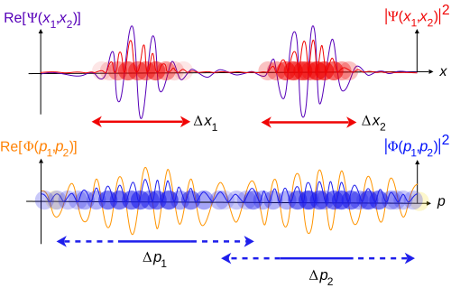 Traveling waves of two free particles, with two of three dimensions suppressed. Top is position-space wave function, bottom is momentum-space wave function, with corresponding probability densities.