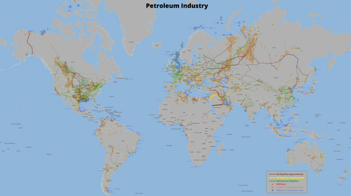 Petroleum industry map showing oil pipelines, natural gas pipelines, refineries, and petroleum fields