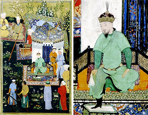 Depiction of Timur granting audience on the occasion of his accession in Balkh in 1370. Zafarnama (1467), commissioned by Sultan Husayn Bayqara
