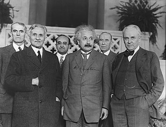 Three Nobel Laureates in Physics taken at the California Institute of Technology. Front row L-R: Albert A. Michelson (1907 laureate), Albert Einstein (1921 laureate), and Robert A. Millikan (1923 laureate).