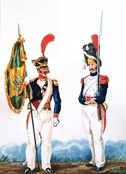 Depiction of an officer of the Foreign Battalion (left) and a Brazilian grenadier of the Emperor's Battalion (right), by Auguste de Valmont