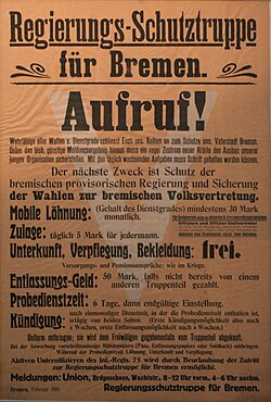 Following the overthrow of the Soviet Republic, a recruitment poster for a government militia to secure Bremen and the election of a city assembly. February 1919