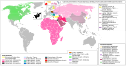 The canonical territories of the main autocephalous and autonomous Eastern Orthodox jurisdictions as of 2022