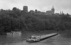 Navigation on the Neckar near Bad Wimpfen in 1988 with the passenger ship Neckarbummler of the Personenschifffahrt Stumpf