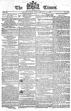 Front page of The Times from 4 December 1788
