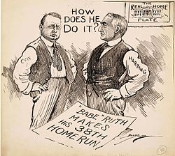 "How Does He Do It?" In this Clifford Berryman cartoon, Harding and Cox ponder another big story of 1920: Babe Ruth's record-setting home run pace.