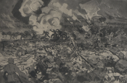 Artistic depiction of the Moroccan Division under the destructive fire of German machine guns on 26 April 1918 near Hangard