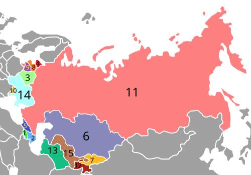 Post-Soviet states 1. Armenia • 2. Azerbaijan • 3. Belarus • 4. Estonia • 5. Georgia • 6. Kazakhstan • 7. Kyrgyzstan • 8. Latvia • 9. Lithuania • 10. Moldova • 11. Russia • 12. Tajikistan • 13. Turkmenistan • 14. Ukraine • 15. Uzbekistan