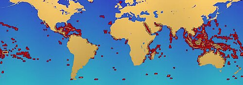Locations of coral reefs around the world