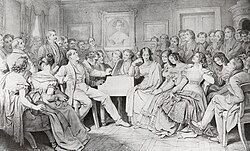 The piano was the centrepiece of social life in the 19th-century upper-middle-class home (Moritz von Schwind, 1868). The man at the piano is composer Franz Schubert (1797–1828).