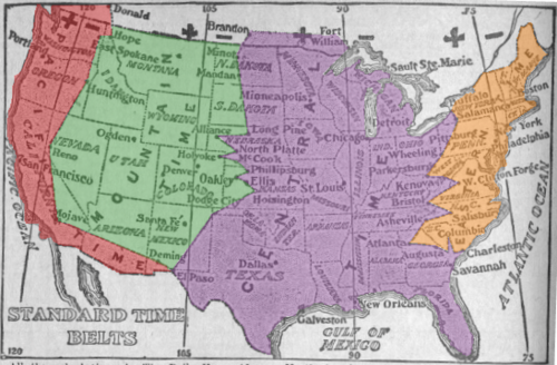 1913 time zone map of the United States, showing boundaries very different from today