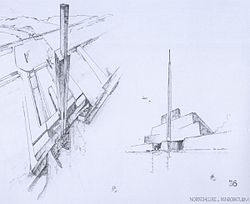 A drawing by Behrens for a proposed skyscraper overlooking the canal locks at the Atlantropa project