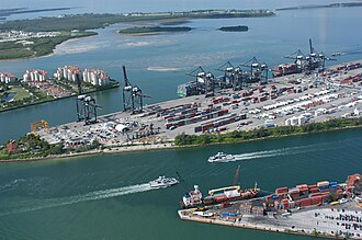 Eastern end of Dodge Island showing Port of Miami shipping containers.