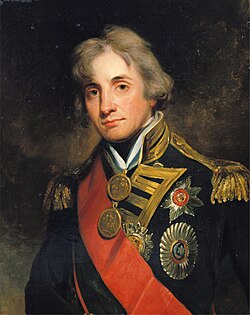 Horatio Nelson wearing large gold medals for St. Vincent and the Nile. With a later posthumous award for Trafalgar, he was the sole recipient of three large gold medals.