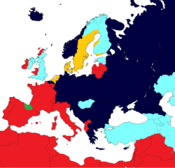 Gender in European languages: Light blue: no gender system. Yellow: common/neuter. Red: masculine/feminine. Green: animate/inanimate. Dark blue: masculine/feminine/neuter. Standard Dutch has a three-gender structure, which fell in disuse in the North of the Netherlands but remains very much alive in Flanders and the South of the Netherlands.