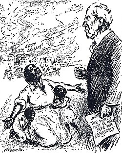 A 1917 political cartoon published in New York Evening Mail about the East St. Louis riots in 1917 with the caption reading, "Mr. President, why not make America safe for democracy?"