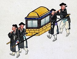 In Korea, royalty and yangban aristocrats were carried in litters called gama. A Korean gama, c. 1890.