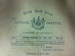 Extract from the title page of the British North Borneo Official Gazette (the British North Borneo Herald) of 16 April 1902