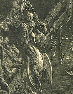 The albatross is hung around the Mariner's neck in Samuel Taylor Coleridge's The Rime of the Ancient Mariner, illustrated in 1876 by Gustave Doré.