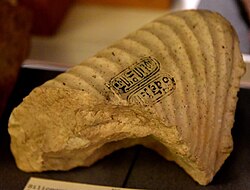 Siliceous limestone fragment of a statue. There are late Aten cartouches on the draped right shoulder. Reign of Akhenaten. From Amarna, Egypt. Petrie Museum, London.