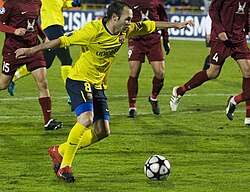 Iniesta playing against Rubin Kazan in the UEFA Champions League in October 2009