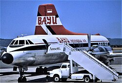 A CL-44D4-2 of Bayu Indonesia Air in the mid-1980s at Perth Airport