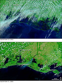 Two satellite images showing the extent of flooding caused by Rita in Louisiana and Texas.