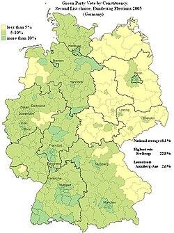 Map showing Alliance 90/The Greens vote in each of the German constituencies at the 2005 German federal election