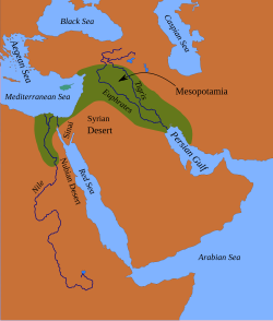 A map of the Fertile Crescent including the location of ancient Mesopotamia between the Tigris and Euphrates rivers.