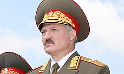 President Alexander Lukashenko wearing the official uniform of the commander-in-Chief of the Armed Forces of Belarus.
