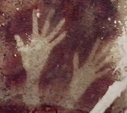 Cave of Pettakere, Bantimurung district (kecamatan), South Sulawesi, Indonesia. Hand stencils estimated between 0,000 years old