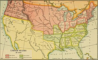 Map showing the division of free and slave territory in the United States as a result of the Missouri Compromise of 1820.