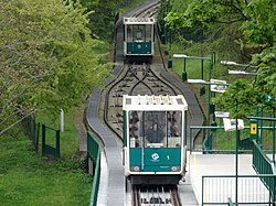The two cars of the Petřín funicular.