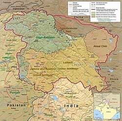Kashmir showing the regions controlled by India and Pakistan. The Line of Control, the successor of cease-fire line of 1949, separates the two regions.