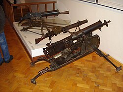Collection of old machine guns in the Međimurje County Museum (Čakovec, Croatia). From rear to front: Austro-Hungarian Schwarzlose M7/12, British Lewis, German MG 08.