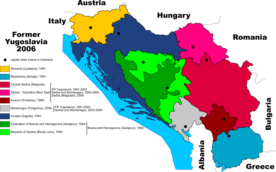 The Socialist Federal Republic of Yugoslavia disintegrated into several states starting in the early 1990s. By 2006, six UN member states existed in its former territory. Kosovo declared independence in 2008.
